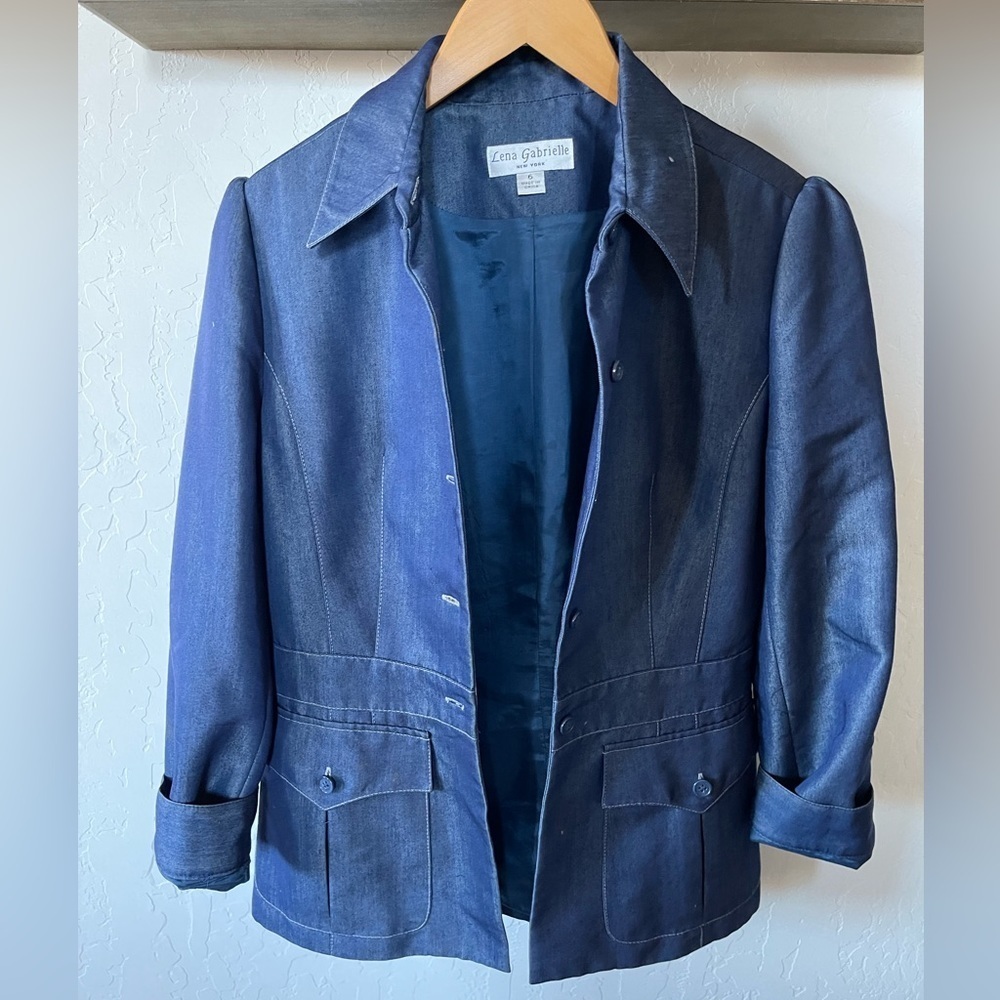 Lena Gabrielle|Blue Denim Boyfriend Blazer, Structured look•••Business Casual - Picture 2 of 14